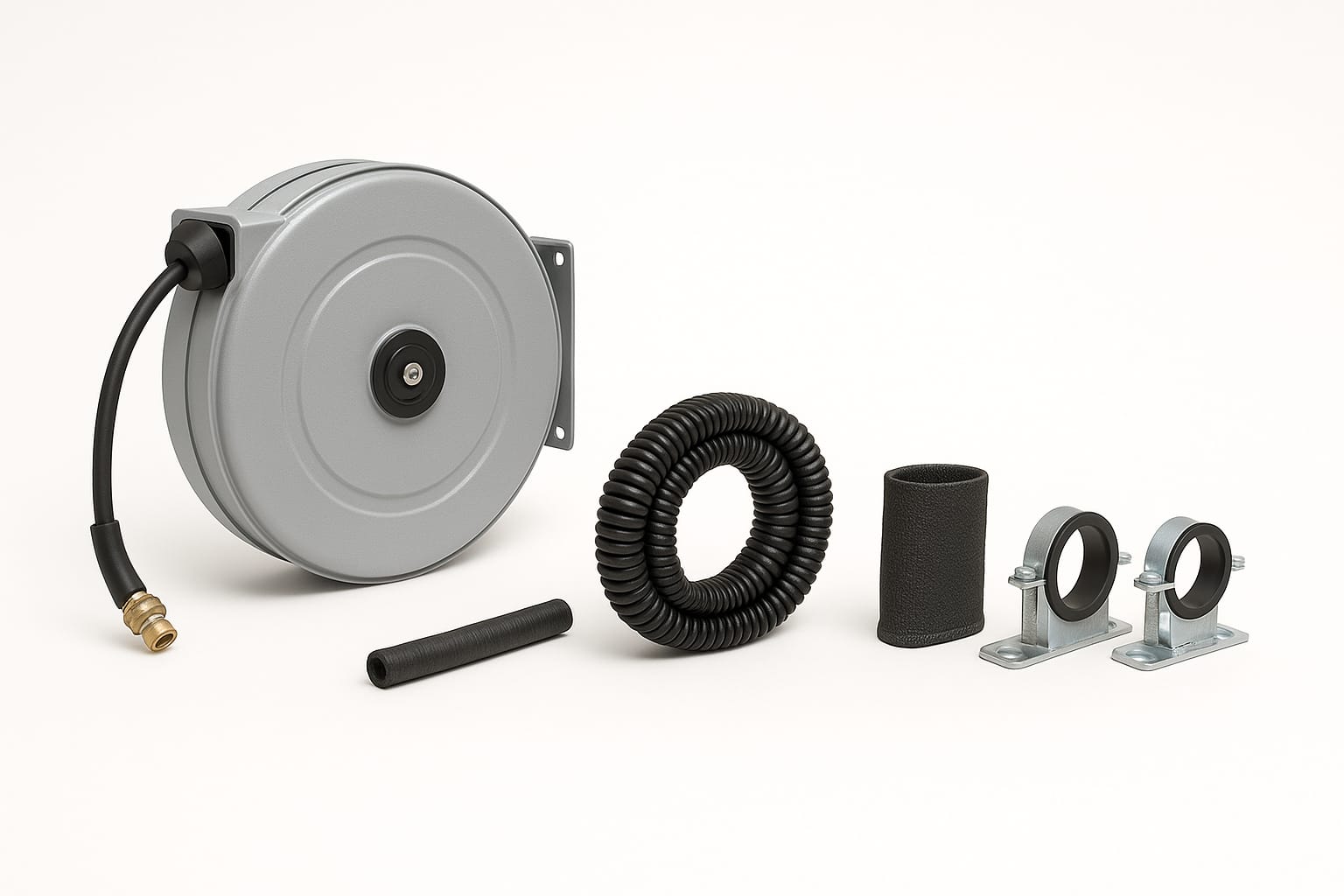Enrouleur de tuyau, gaines de protection spirale et textile, colliers de fixation