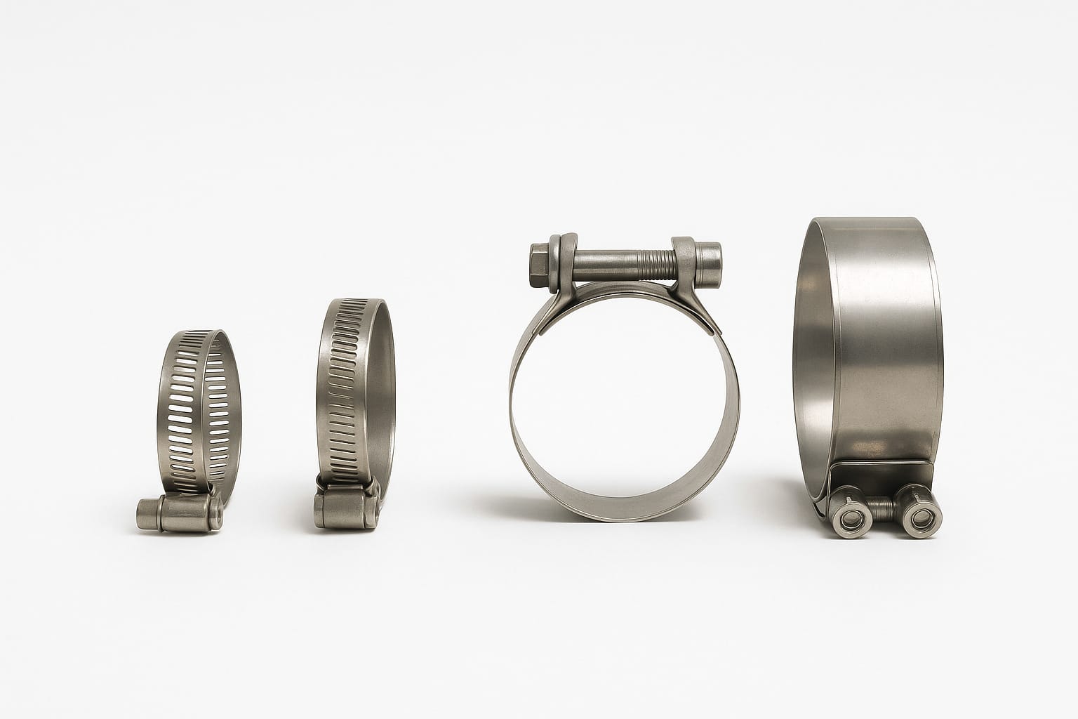 Colliers inox à vis sans fin, collier à tourillon et collier de sécurité à deux boulons