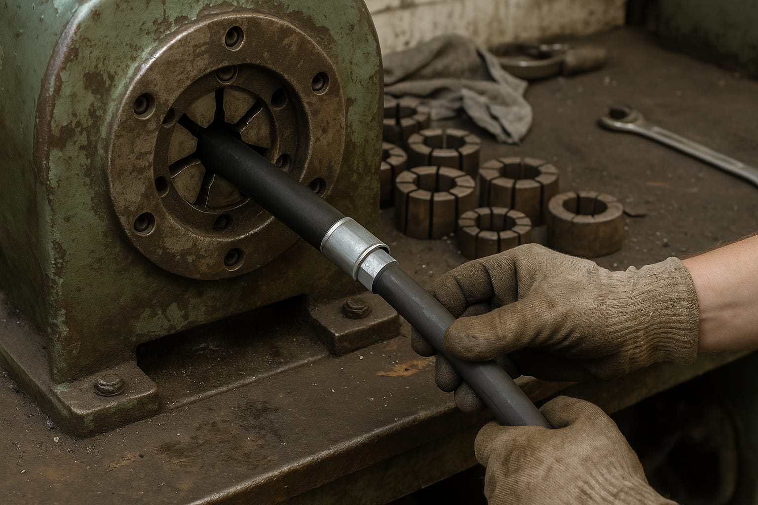 Sertissage d'un embout sur un flexible hydraulique à la presse d'atelier