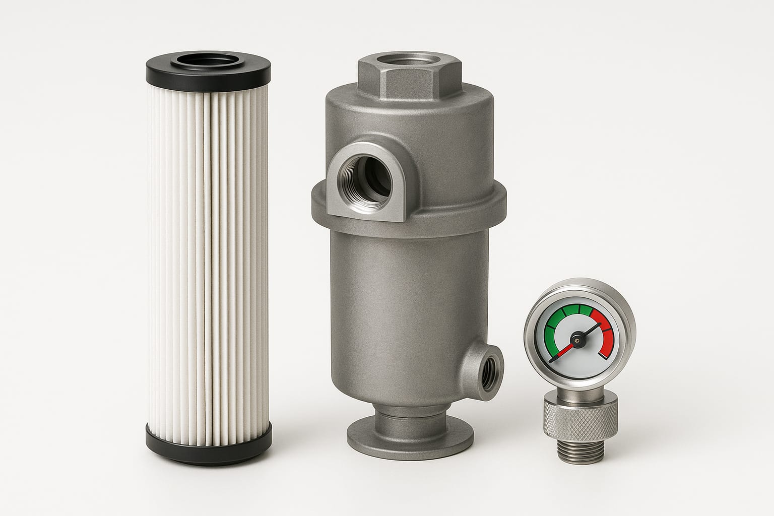 Cartouche filtrante à média plissé, corps de filtre en acier et indicateur de colmatage
