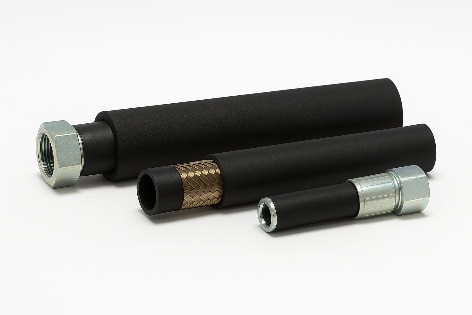 Trois flexibles hydrauliques de diamètres différents, dont un sectionné laissant voir ses nappes de tresse métallique