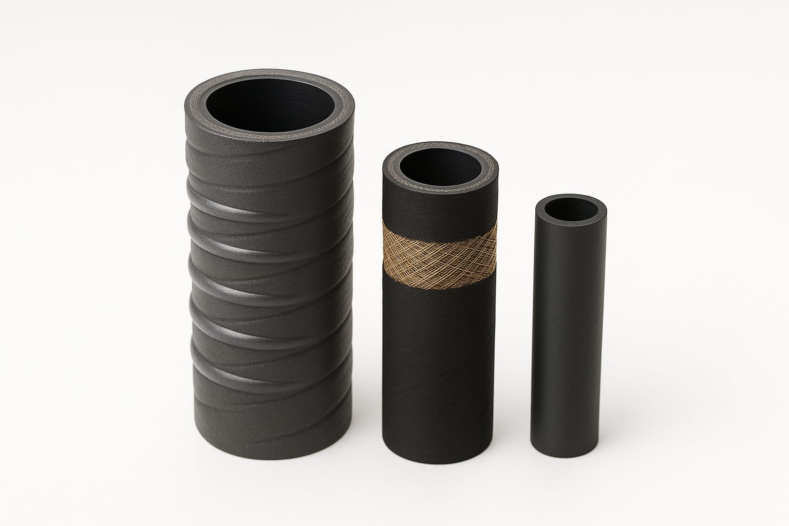 Trois tuyaux industriels coupés net : aspiration à spirale, refoulement à armature textile, air comprimé