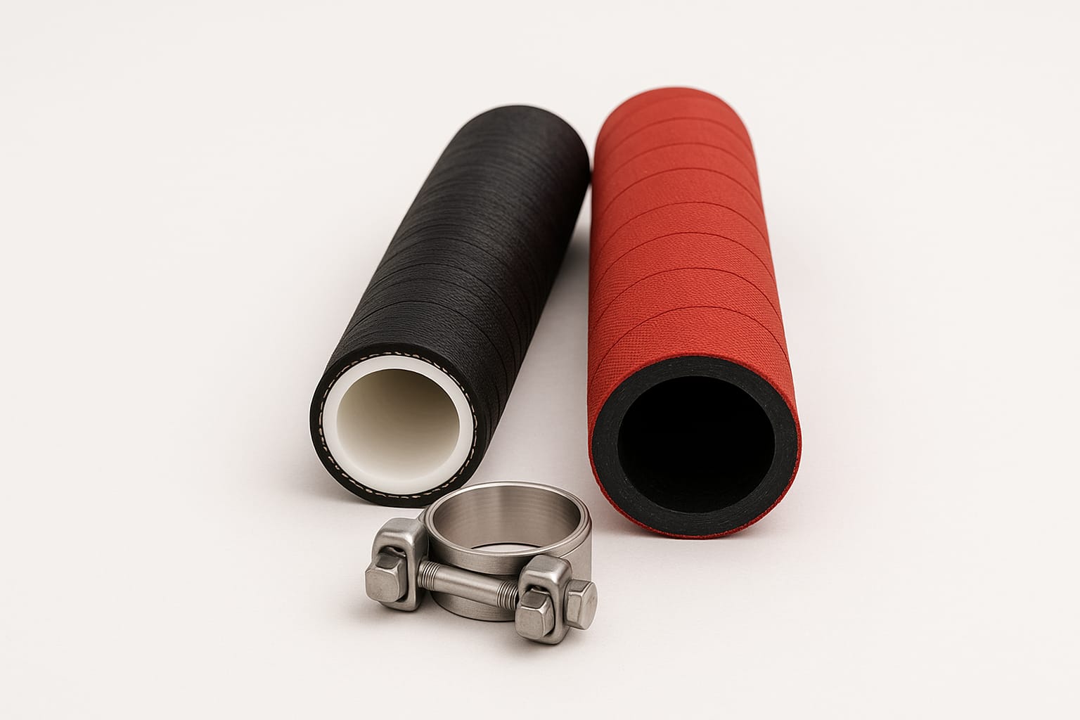 Flexible alimentaire à âme blanche, flexible vapeur et embout inox à collier de sécurité
