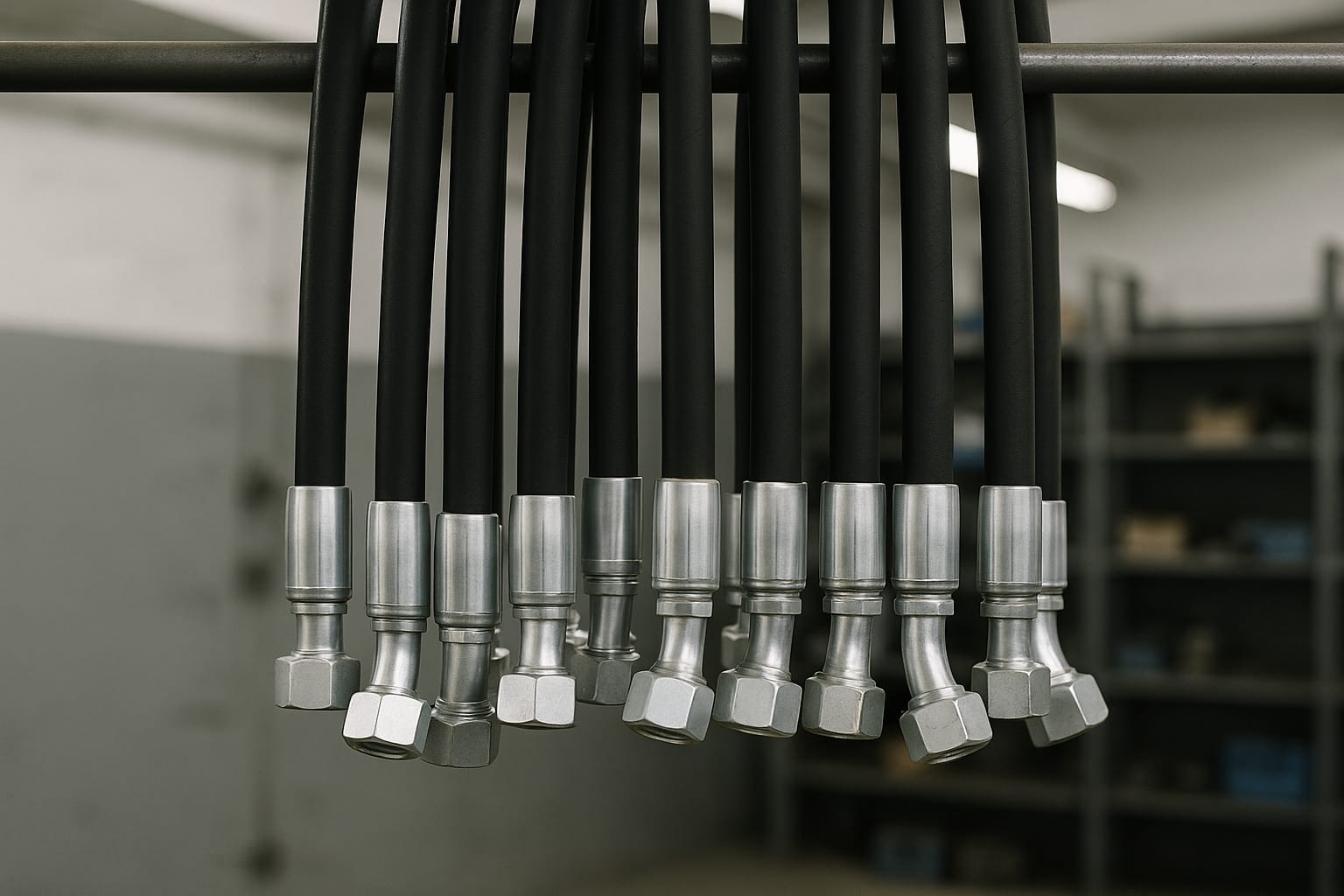 Faisceau de flexibles hydrauliques sertis, raccords en acier au premier plan
