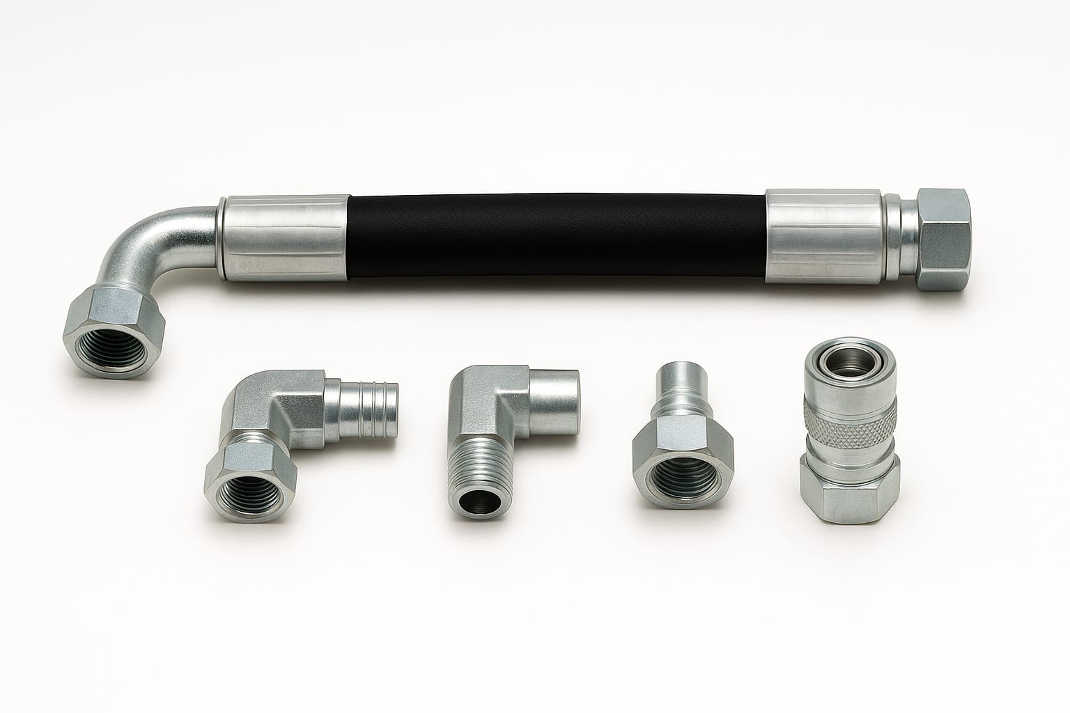Flexible hydraulique serti, raccords coudés et droits en acier, coupleur rapide