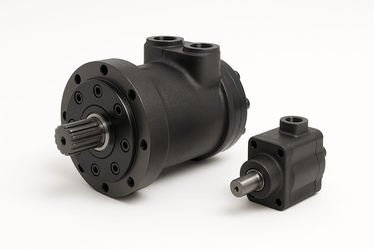Moteur hydraulique orbital et moteur à engrenages, arbres cannelés et orifices filetés