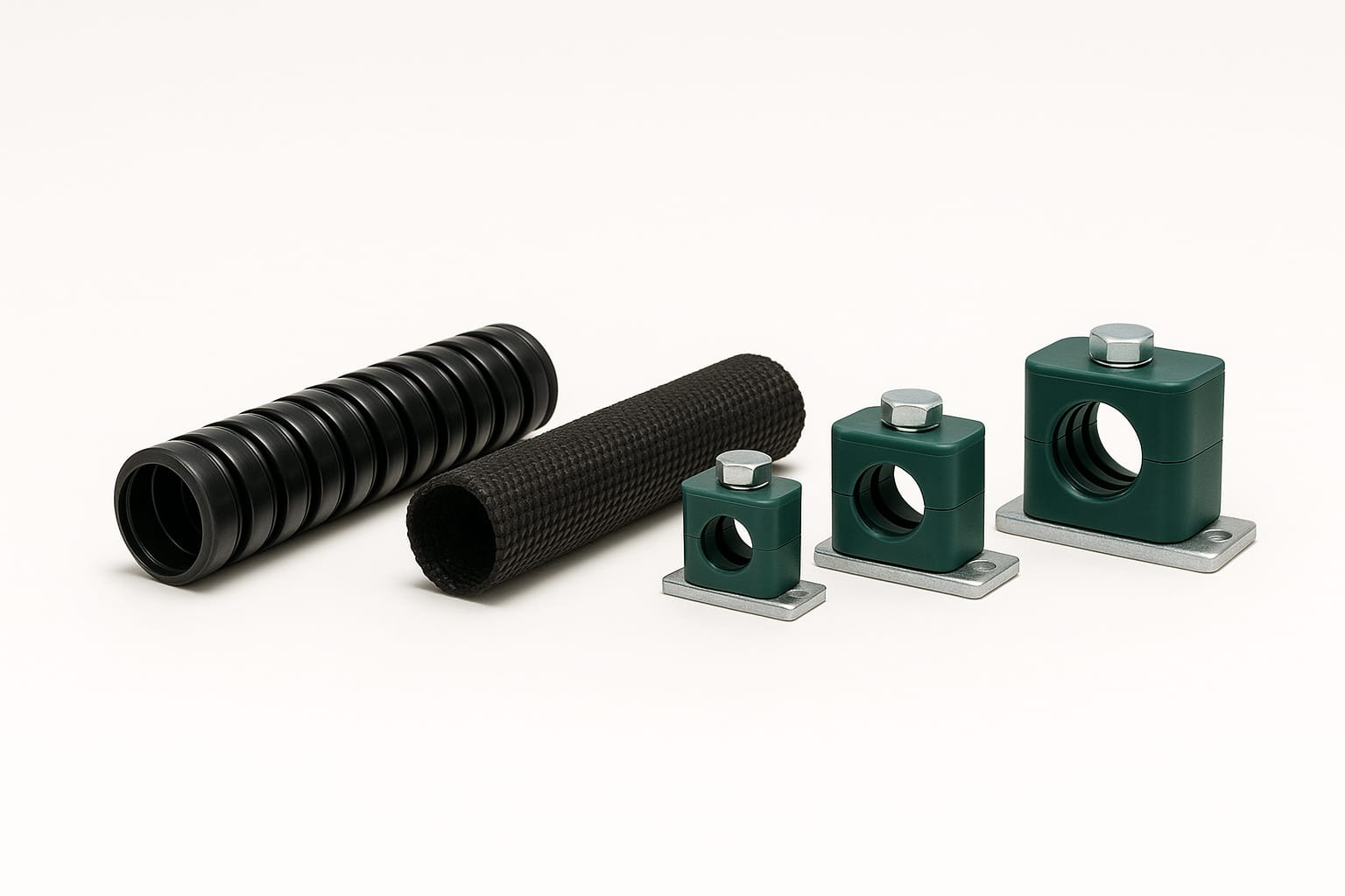 Gaine spirale, gaine textile anti-abrasion et colliers de fixation de tuyauterie