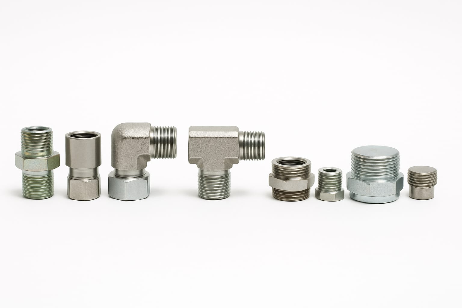 Raccords hydrauliques en acier et inox : droits, coudés, en té, adaptateurs, réductions et bouchons
