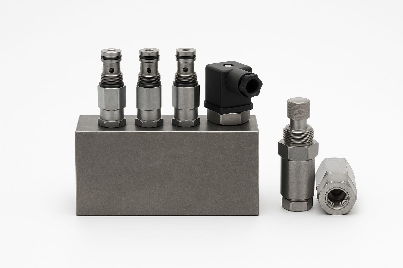 Bloc foré équipé de valves à cartouche, limiteur de pression et clapet anti-retour