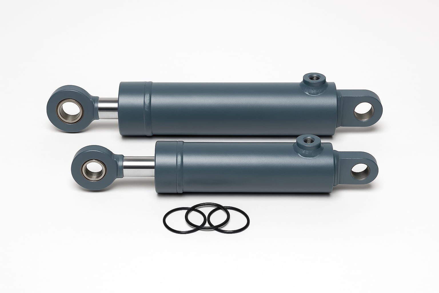 Deux vérins hydrauliques à tiges chromées, fixations à œil et à tourillon, jeu de joints toriques